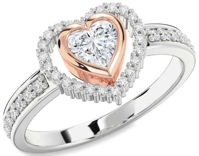 Diamond Silver & 10K Rose Gold Heart Solitaire Engagement Ring