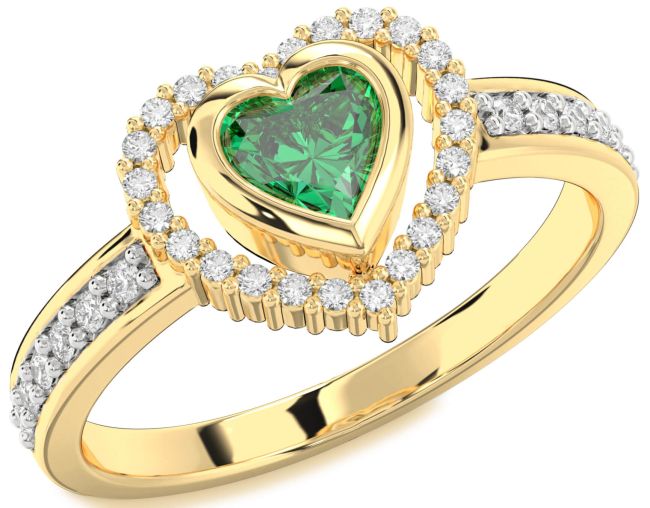 Diamond Emerald Gold Heart Solitaire Engagement Ring