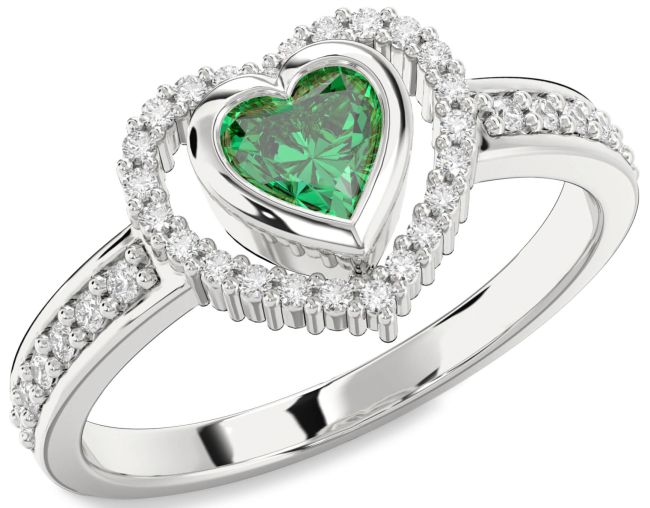 Diamond Emerald Silver Heart Solitaire Engagement Ring