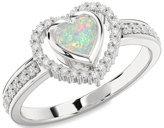 Diamond Opal Silver Heart Solitaire Engagement Ring