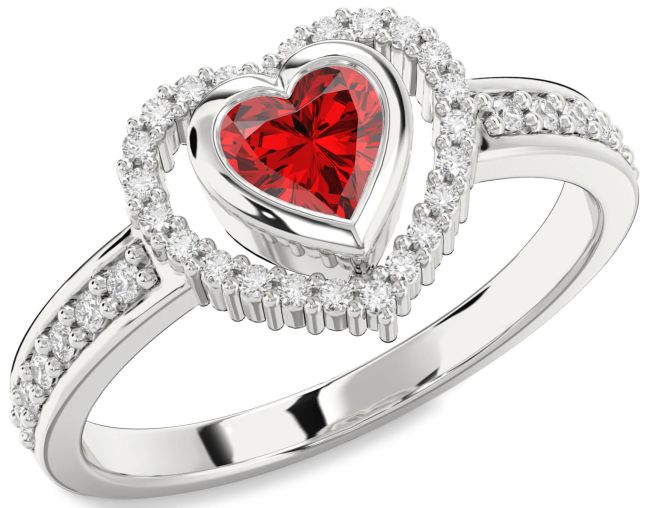 Diamond Ruby Silver Heart Solitaire Engagement Ring