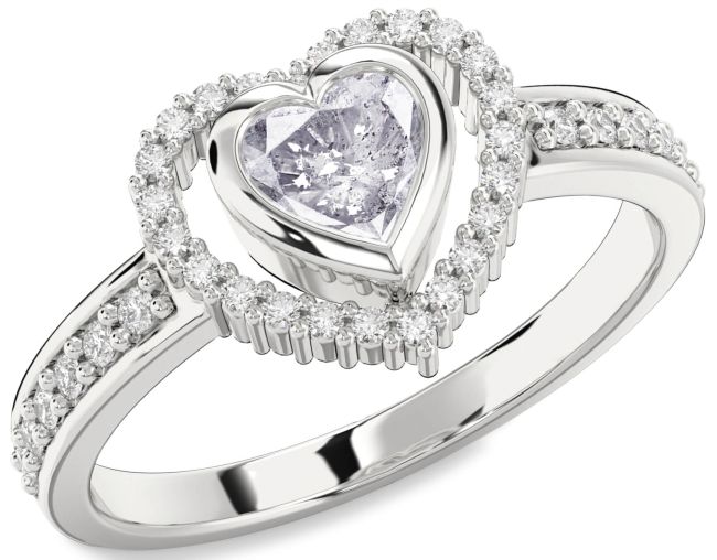 Salt & Pepper Diamond Silver Heart Solitaire Engagement Ring