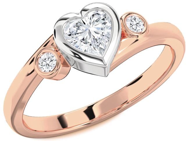 Diamond Rose Gold Silver Heart Three Stone Engagement Ring