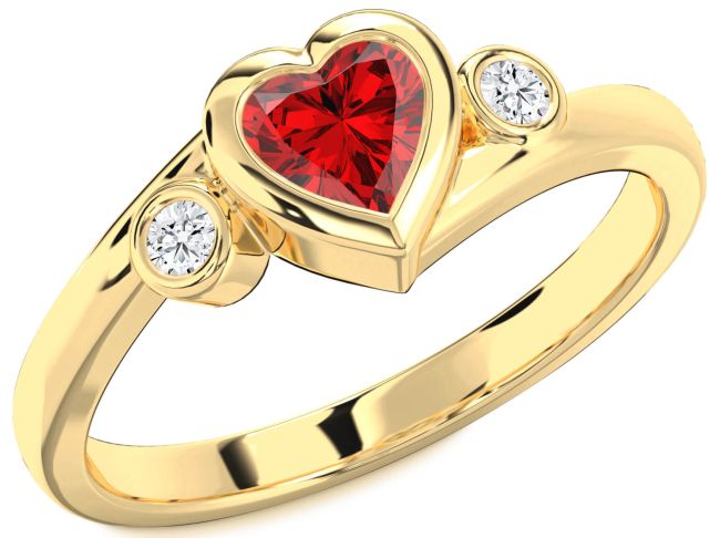 Diamond Ruby Gold Heart Three Stone Engagement Ring