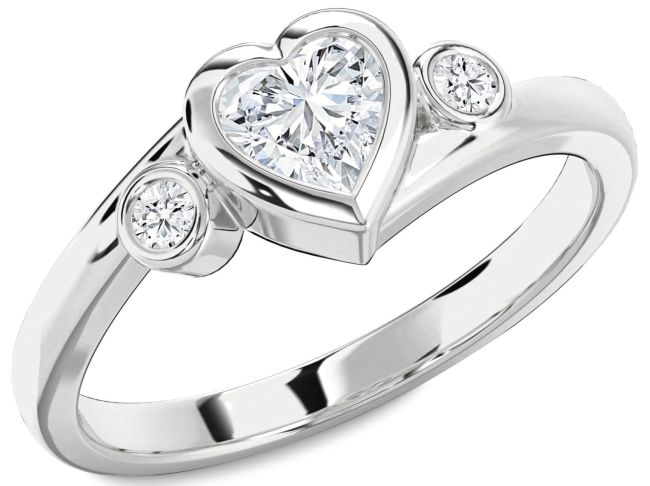 Diamond Silver Heart Three Stone Engagement Ring