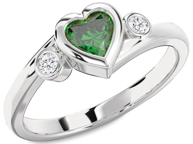 Diamond Emerald Silver Heart Three Stone Engagement Ring