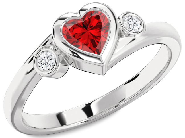 Diamond Ruby Silver Heart Three Stone Engagement Ring