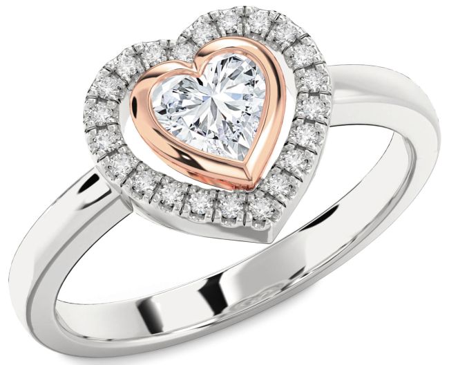 Diamond Silver & 10K Rose Gold Heart Solitaire Engagement Ring