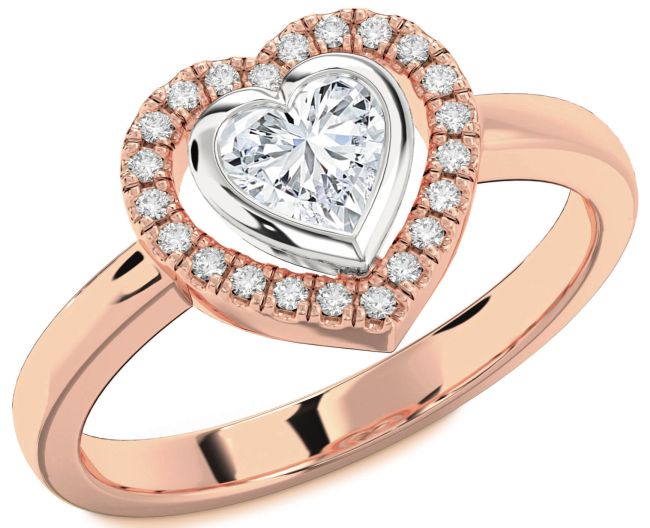 Diamond Rose Gold Silver Heart Solitaire Engagement Ring