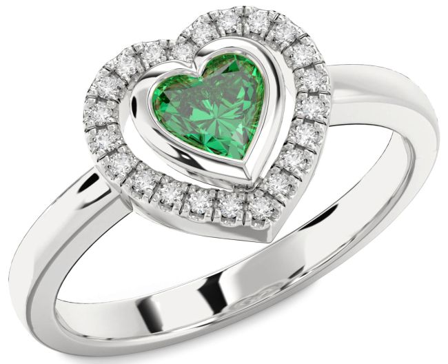 Diamond Emerald Silver Heart Solitaire Engagement Ring