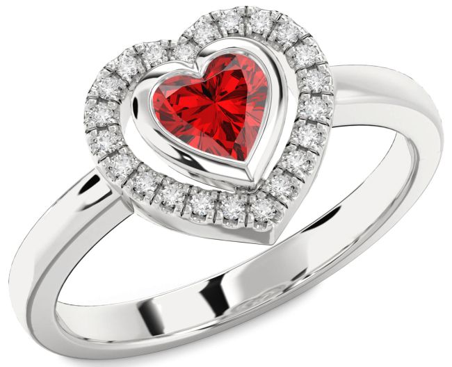 Diamond Ruby Silver Heart Solitaire Engagement Ring