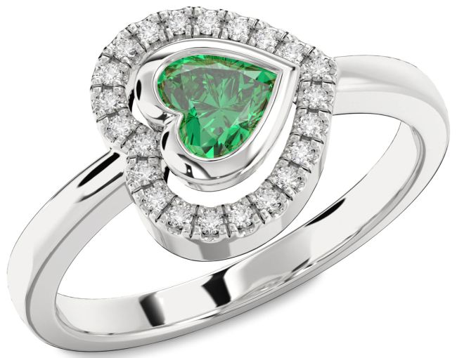 Diamond Emerald Silver Heart Solitaire Engagement Ring