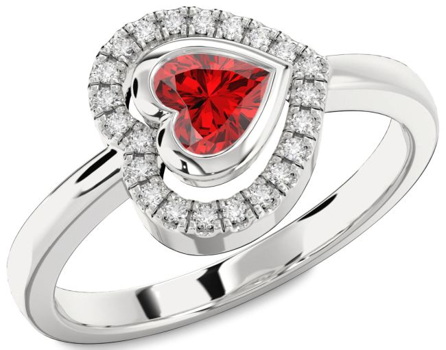 Diamond Ruby Silver Heart Solitaire Engagement Ring