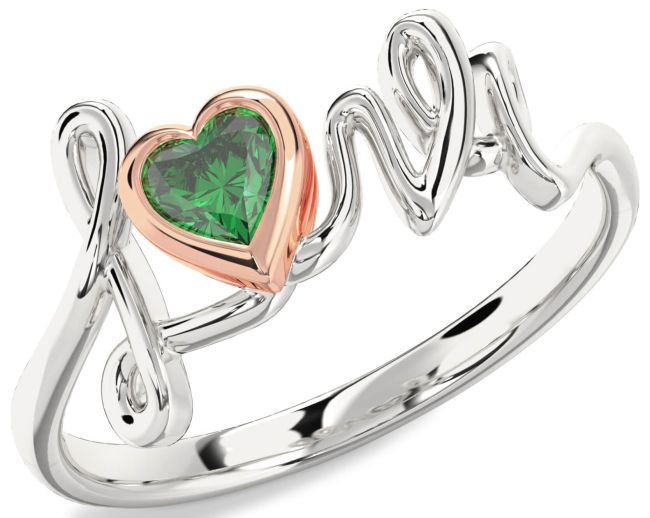 Emerald Rose Gold Silver Heart Promise Ring