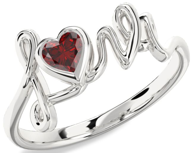 Garnet Silver Heart Promise Ring