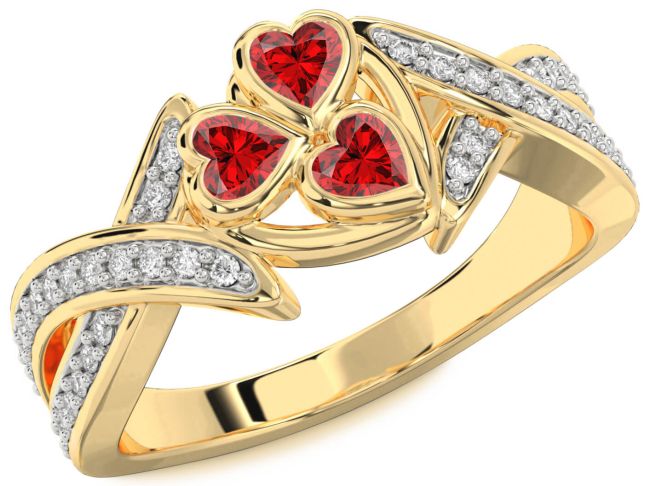 Diamond Ruby Gold Heart Three Stone Birthstone Ring
