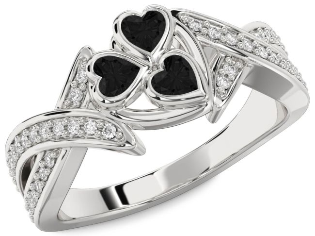 Black Diamond Silver Heart Three Stone Ring