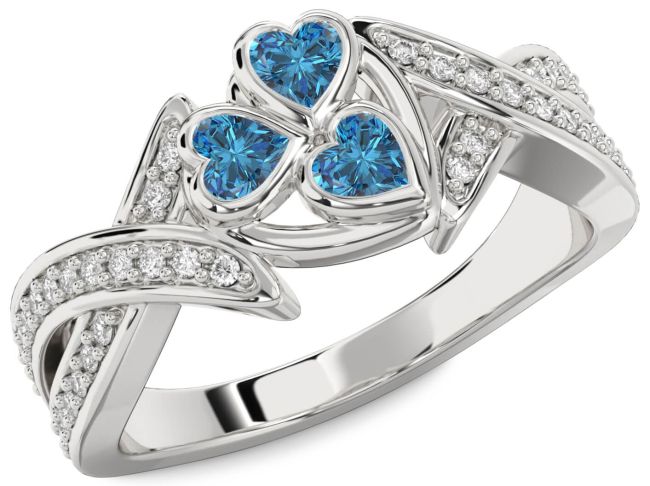 Blue Diamond Silver Heart Three Stone Ring