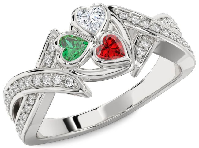 Diamond Silver Heart Three Stone Mother's Ring