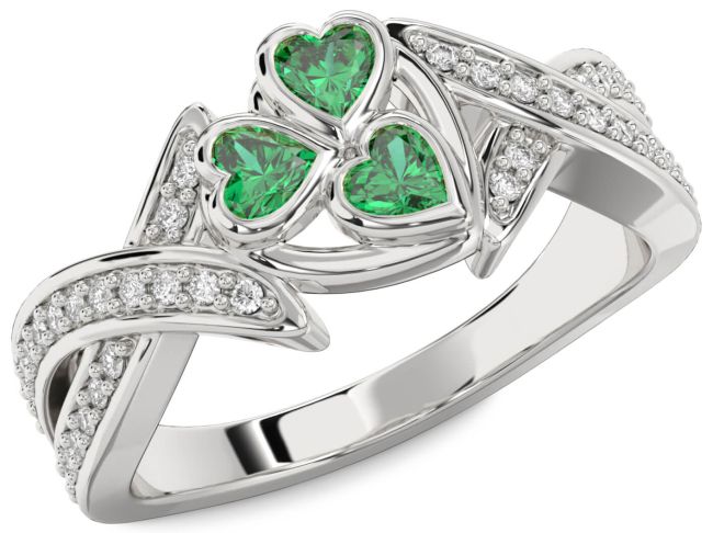 Diamond Emerald Silver Heart Three Stone Birthstone Ring