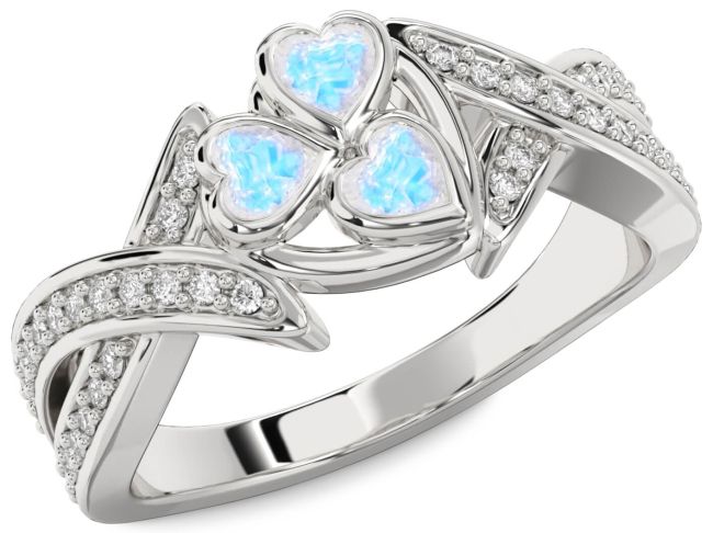 Diamond Moonstone Silver Heart Three Stone Ring