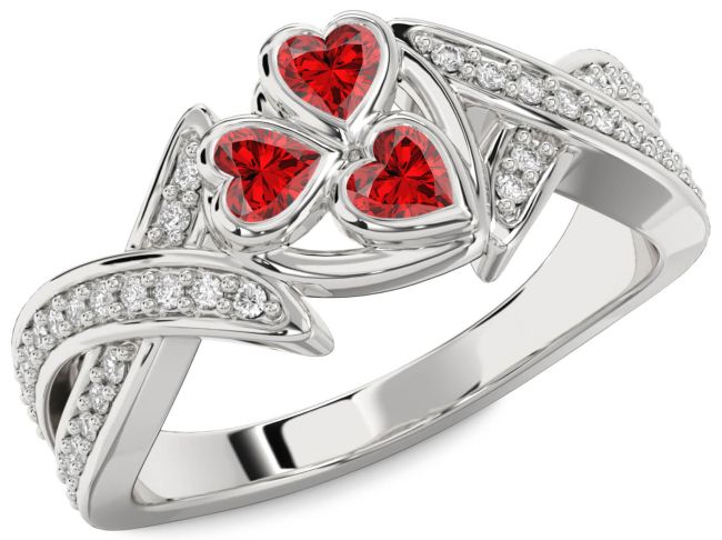 Diamond Ruby Silver Heart Three Stone Birthstone Ring