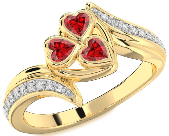 Diamond Ruby Gold Heart Three Stone Birthstone Ring