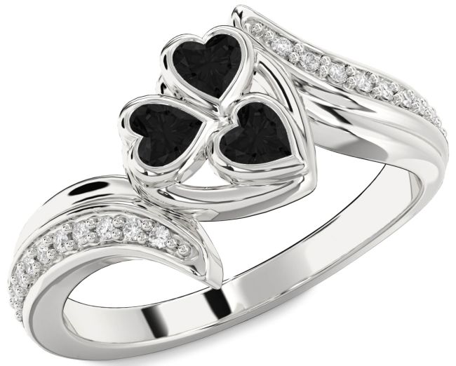 Black Diamond Silver Heart Three Stone Ring