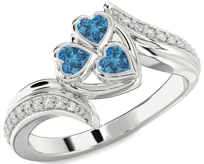 Blue Diamond Silver Heart Three Stone Ring