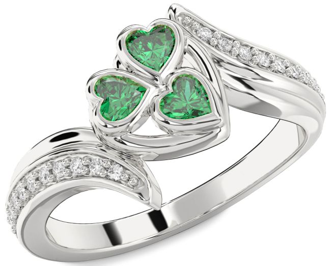 Diamond Emerald Silver Heart Three Stone Birthstone Ring