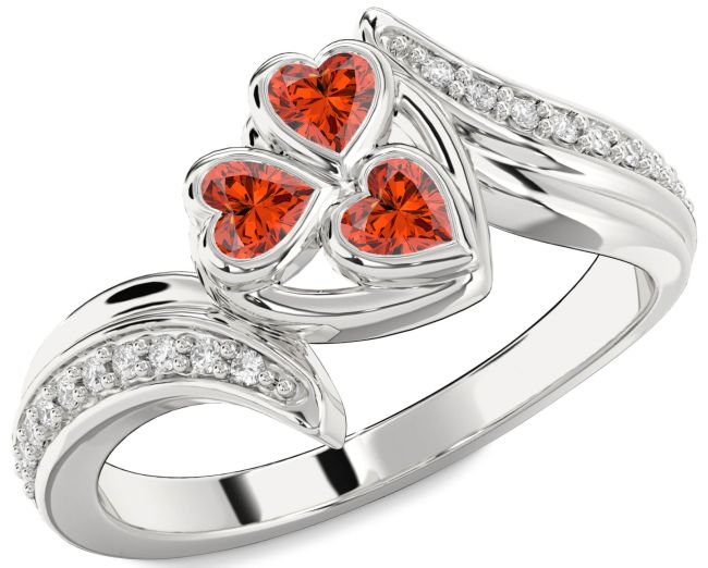 Diamond Fire Opal Silver Heart Three Stone Ring