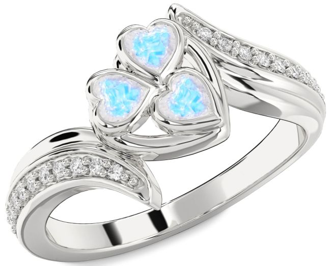 Diamond Moonstone Silver Heart Three Stone Ring