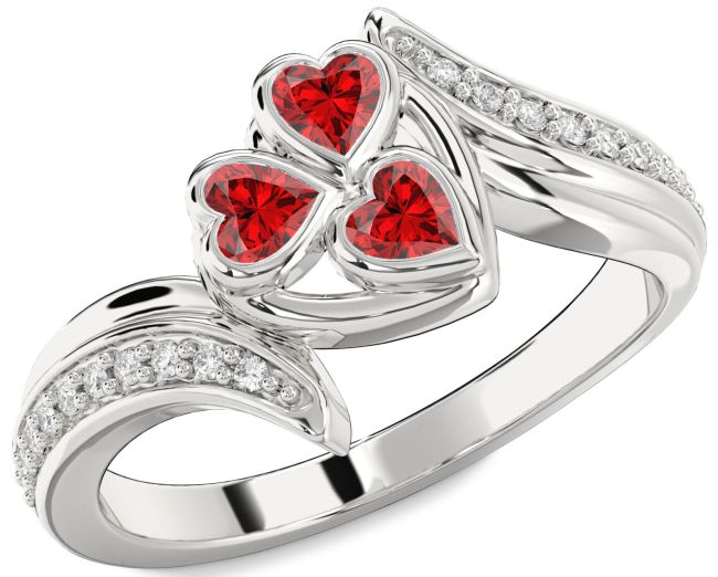 Diamond Ruby Silver Heart Three Stone Birthstone Ring