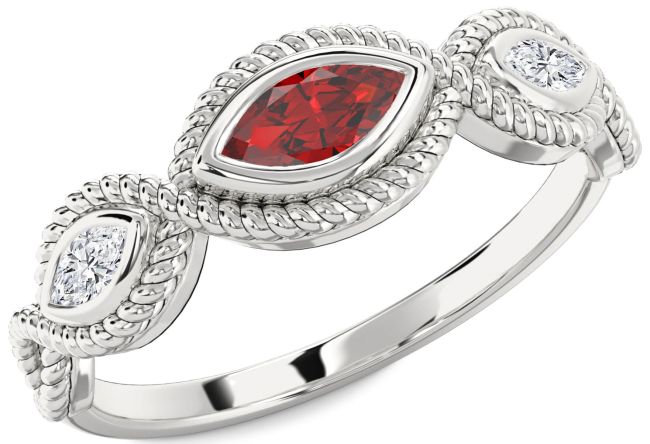 Diamond Ruby Silver Knot Marquise Three Stone Engagement Ring