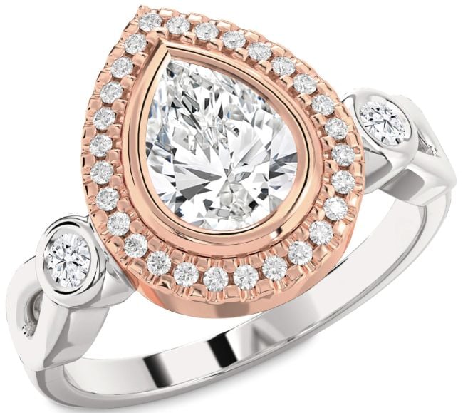 Diamond Silver & 10K Rose Gold Halo Pear Engagement Ring