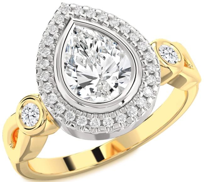 Diamond White Yellow Gold Halo Pear Engagement Ring