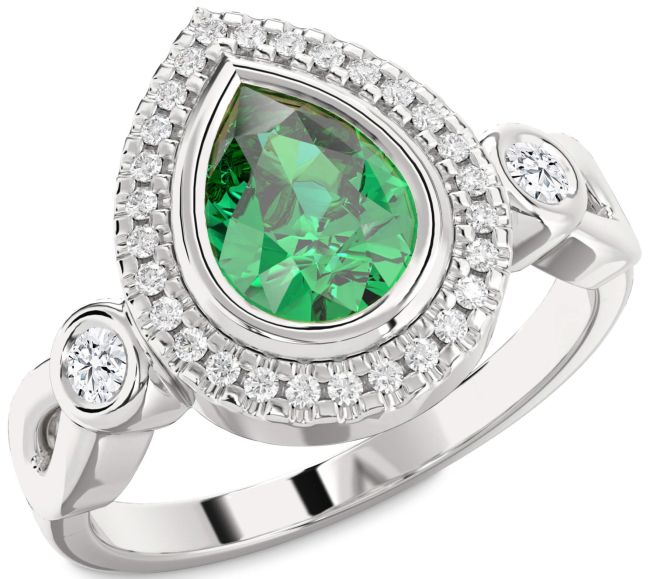Diamond Emerald Silver Halo Pear Engagement Ring