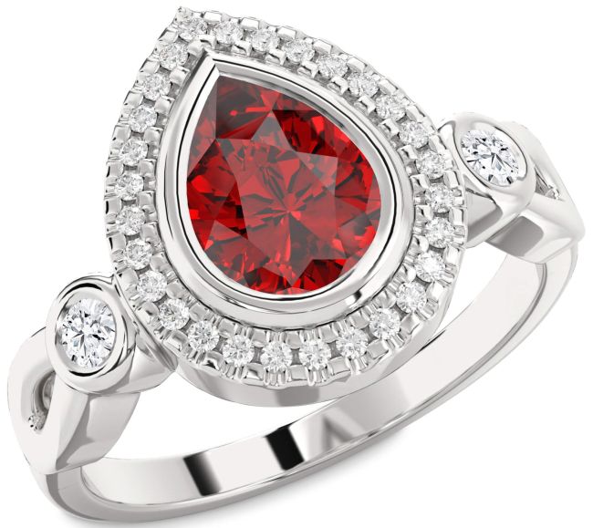 Diamond Ruby Silver Halo Pear Engagement Ring