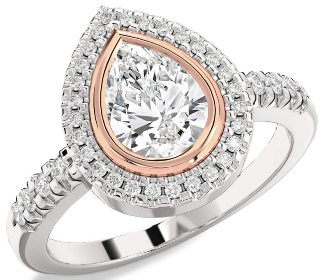 Diamond Rose Gold Silver Halo Pear Engagement Ring
