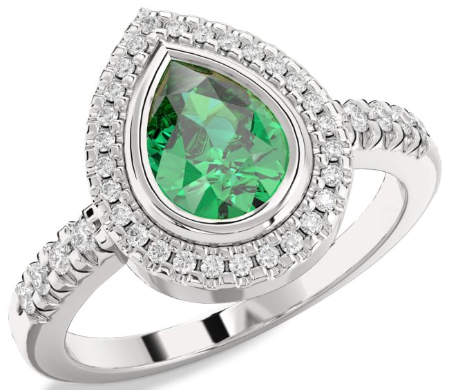 Diamond Emerald Silver Halo Pear Engagement Ring