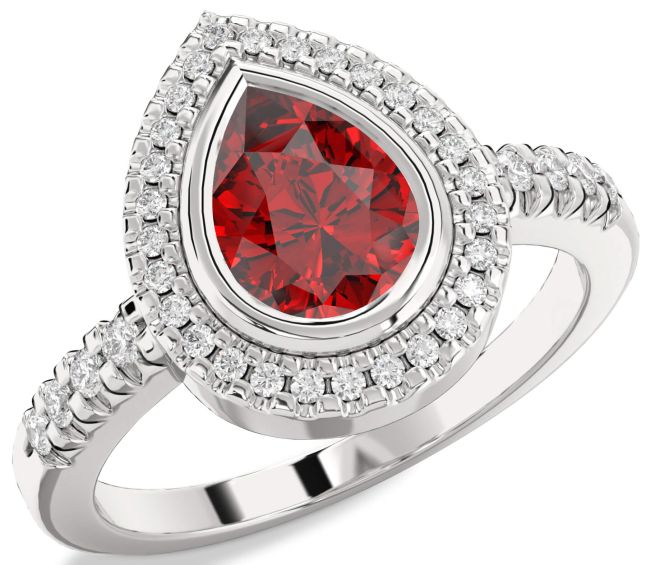 Diamond Ruby Silver Halo Pear Engagement Ring