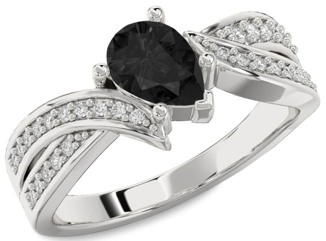 Black Diamond Silver Pear Solitaire Engagement Ring