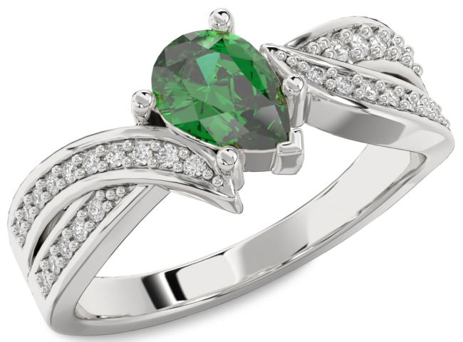 Diamond Emerald Silver Pear Solitaire Engagement Ring
