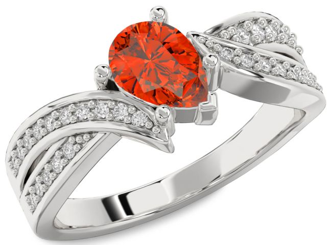 Diamond Fire Opal Silver Pear Solitaire Engagement Ring