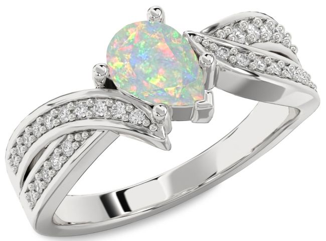 Diamond Opal Silver Pear Solitaire Engagement Ring