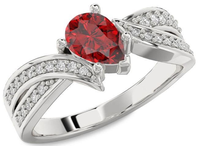 Diamond Ruby Silver Pear Solitaire Engagement Ring
