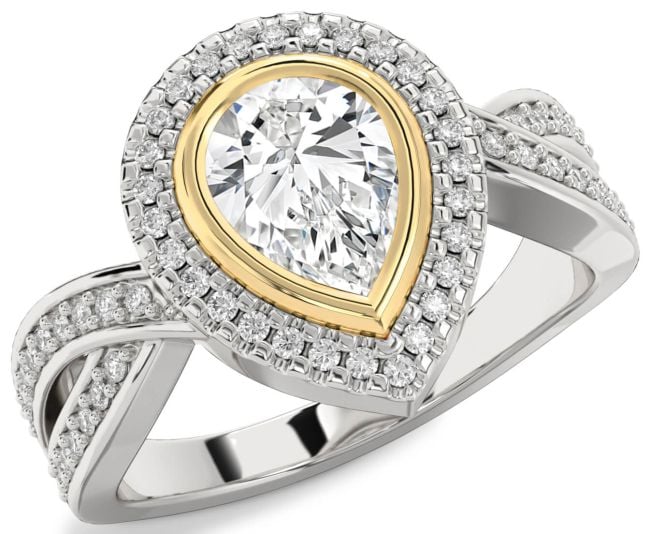 Diamond Silver & 10K gold Halo Pear Pave Engagement Ring