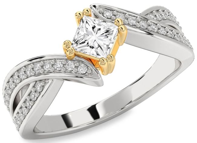 Diamond Silver & 10K gold Princess Solitaire Pave Engagement Ring