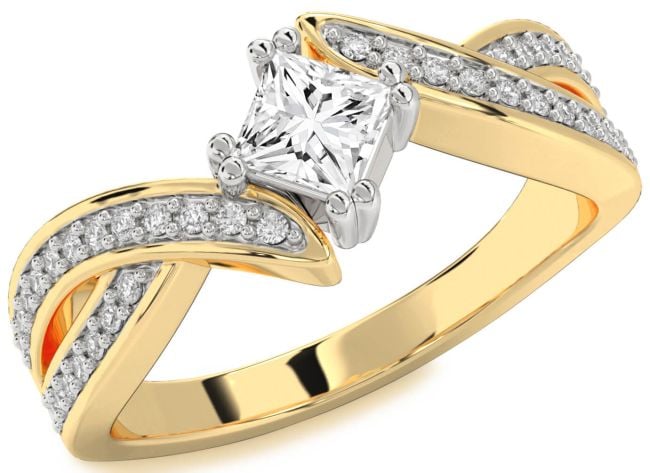Diamond White Yellow Gold Princess Solitaire Pave Engagement Ring