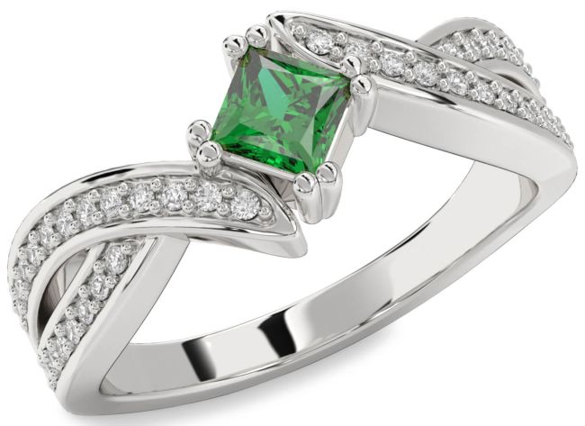 Diamond Emerald Silver Princess Solitaire Pave Engagement Ring